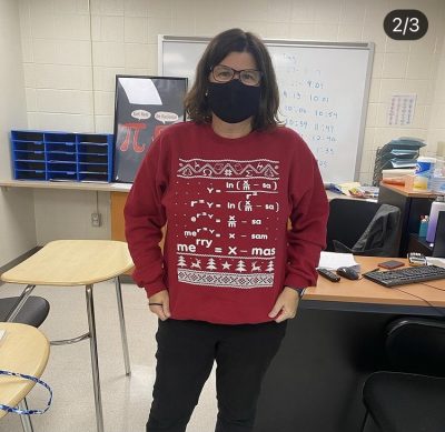 Elizabeth C. with math themed Christmas sweater