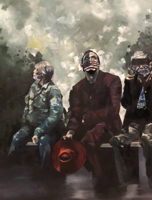 Oil painting on canvas representing three different generations of Americans 